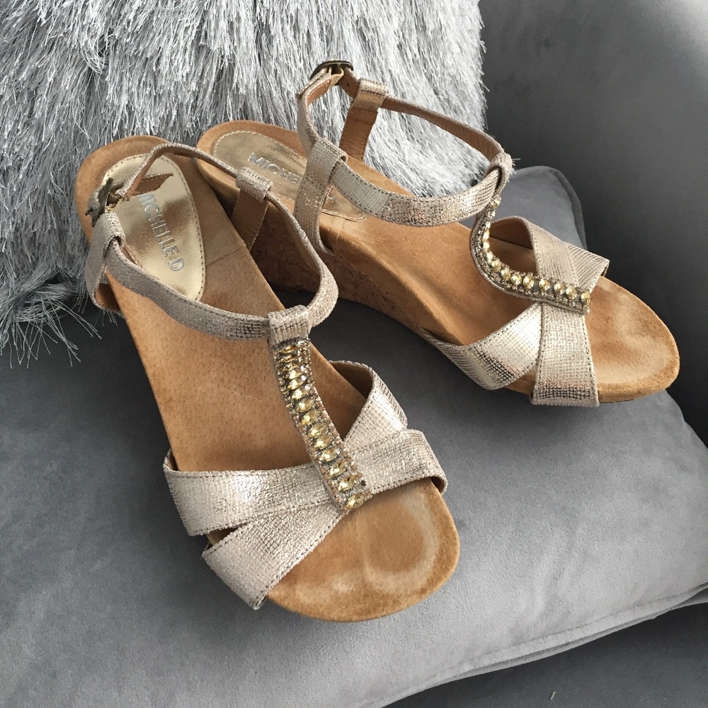 Gold Sandal Cork Heels Wedges, Size 9.5